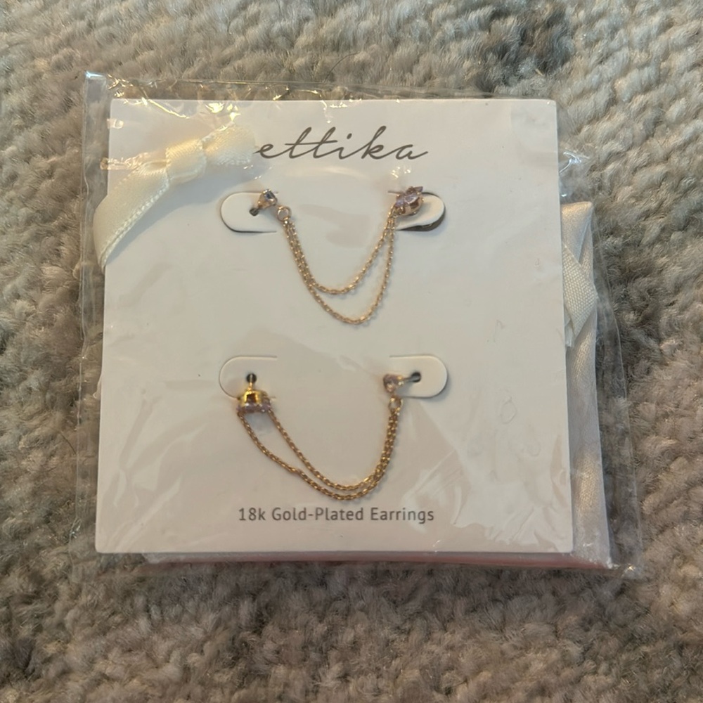ettika Gold Double Chain Ear Cuff Earrings with Clear & Light Purple Stones